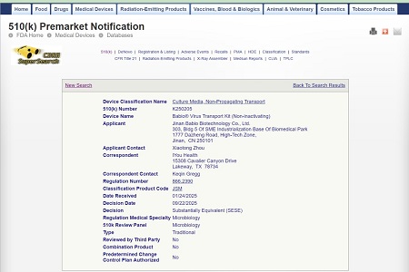 BABIO sikrer amerikansk FDA 510(k) godkjenning for sitt virustransportsett (ikke-inaktiverende)